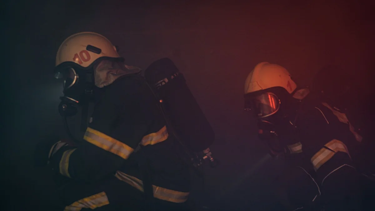 Bombeiros com equipamento de proteção durante uma intervenção