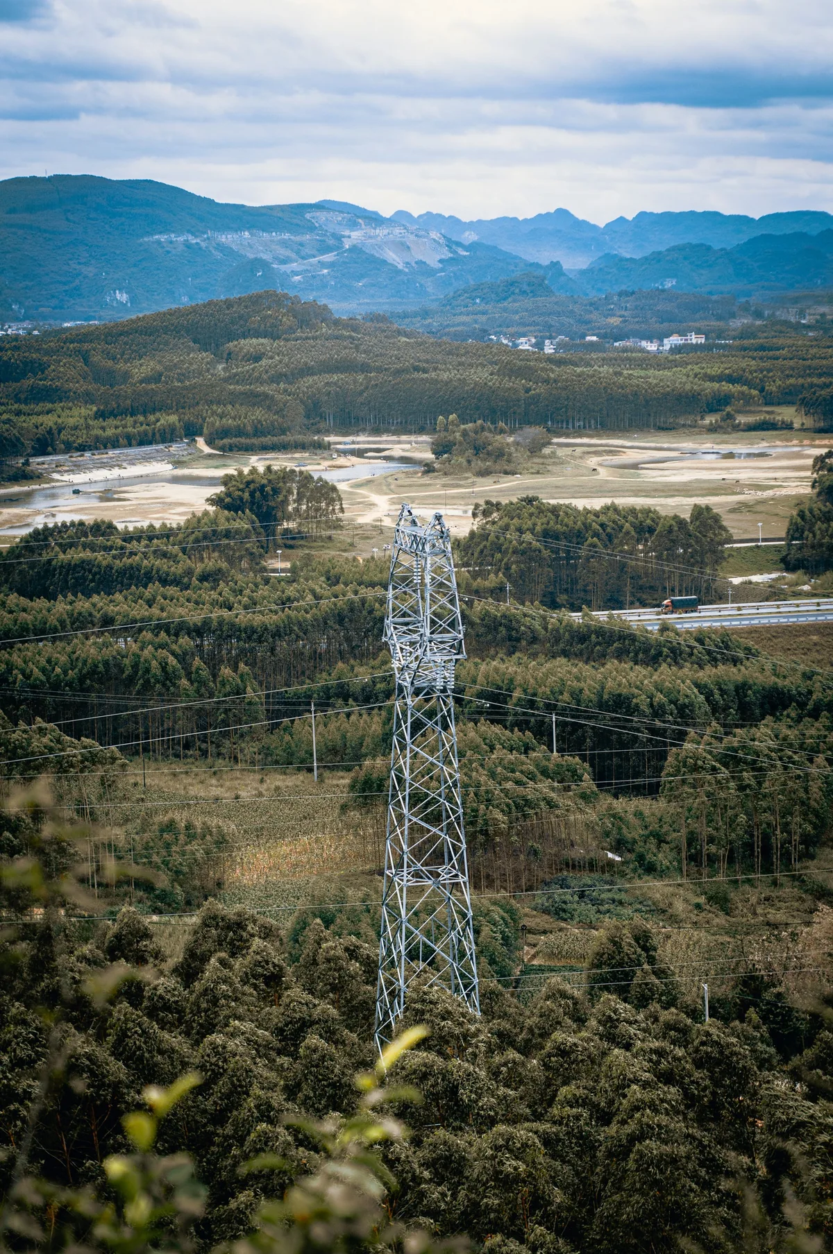 Linha elétrica a atravessar uma encosta florestal
